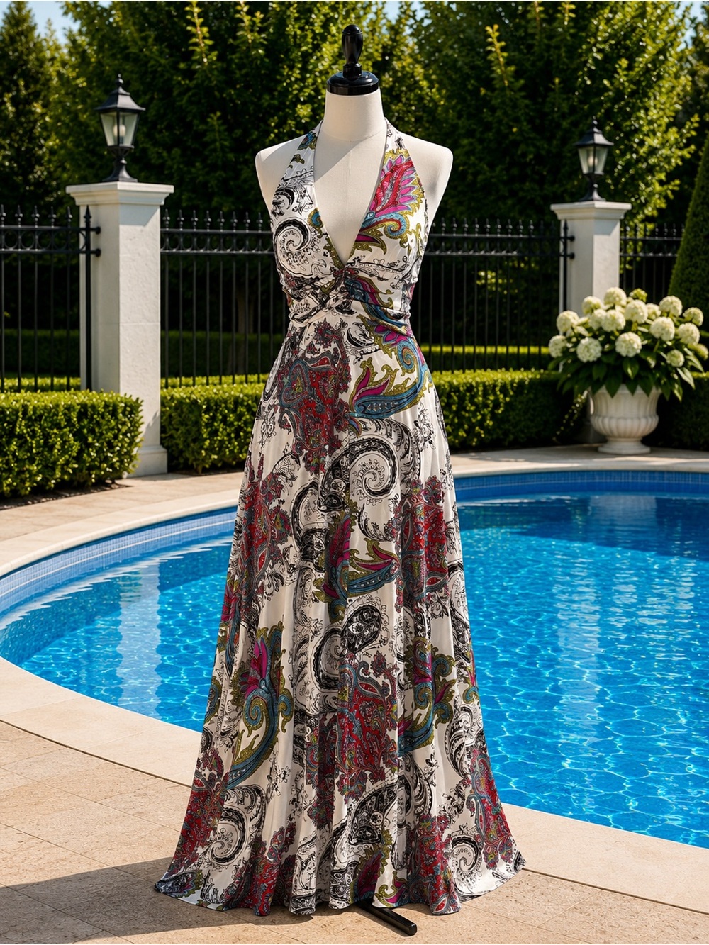 Silky Feel White Maxi Dress with Multicolor Paisley Print